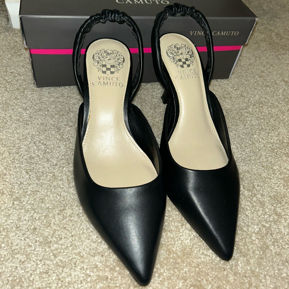 Vince Camuto Rondia Pointed Toe Sling Back Black Leather Heel